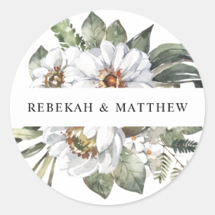 Witte Botanische gepersonaliseerde bruiloft Ronde Sticker