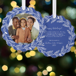 Witte botanische kerstkrans aangepaste foto ornament kaart