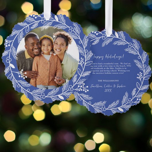 Witte botanische kerstkrans aangepaste foto ornament kaart