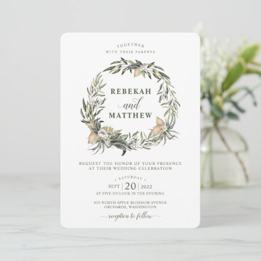 Witte Botanische krans | Huwelijksuitnodiging Kaart (Staand voorkant)