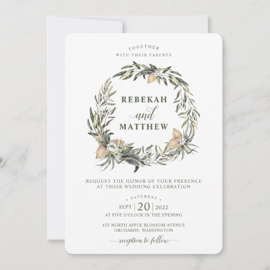 Witte Botanische krans | Huwelijksuitnodiging Kaart (Voorkant)