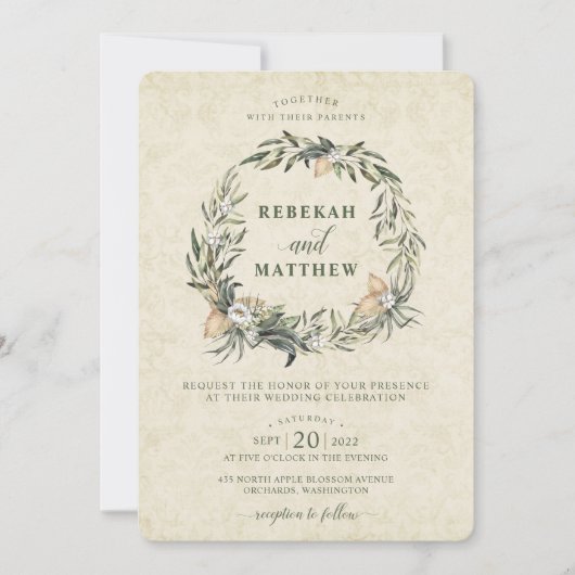 Witte Botanische krans | Huwelijksuitnodiging Kaart (Voorkant)