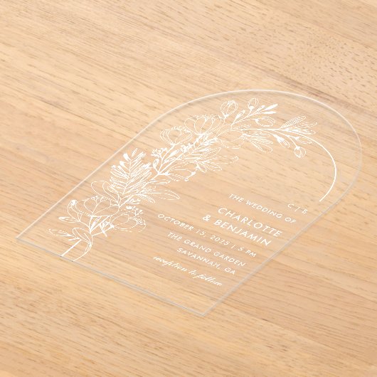 Witte botanische minimalistische boog bruiloft acryl uitnodigingen (Laagn)