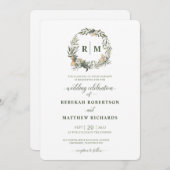 Witte Botanische Monogram Bruiloft Kaart (Voorkant / Achterkant)