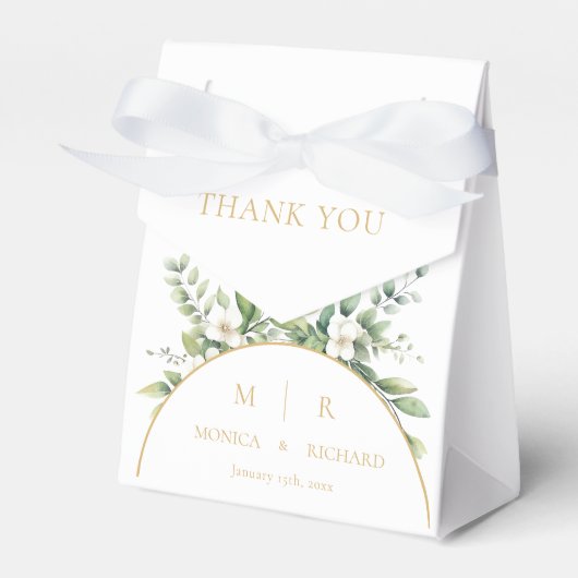 Witte botanische monogram trouwgunstdozen bedankdoosjes (Voorkant Zijde)
