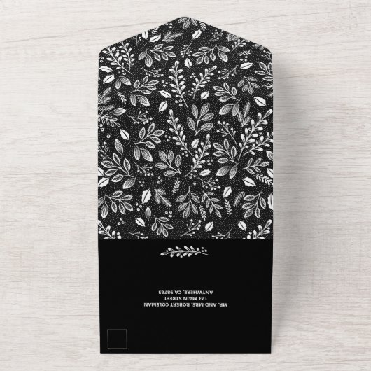 Witte botanische stoffen op de zwarte bruiloft all in one uitnodiging (Buitenkant)