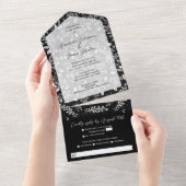 Witte botanische stoffen op zwarte, geen enveloppe all in one uitnodiging (Afscheurbaar)