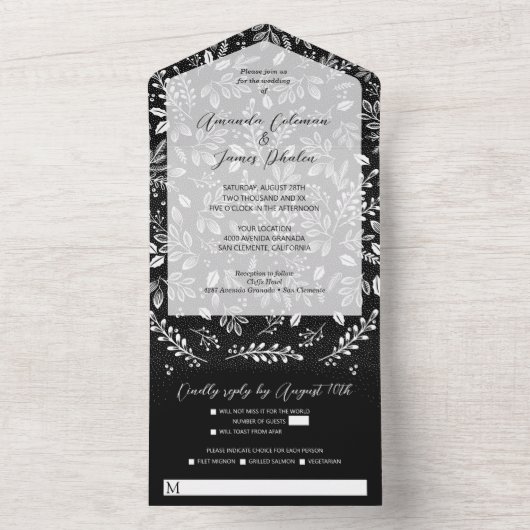 Witte botanische stoffen op zwarte, geen enveloppe all in one uitnodiging (Binnen)