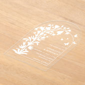 Witte Botanische Vlinder Boog Huwelijk Acryl Uitnodigingen (Laagn)