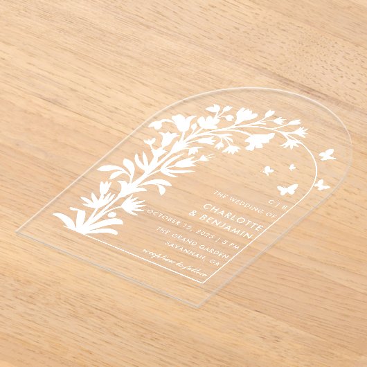 Witte Botanische Vlinder Boog Huwelijk Acryl Uitnodigingen (Laagn)