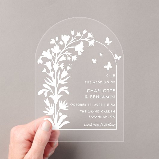 Witte Botanische Vlinder Boog Huwelijk Acryl Uitnodigingen (Insitu (Draagbaar))