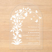 Witte Botanische Vlinder Boog Huwelijk Acryl Uitnodigingen (Voorkant)