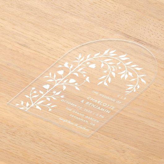 Witte Botanische Vogelboog bruiloft Acryl Uitnodigingen (Laagn)