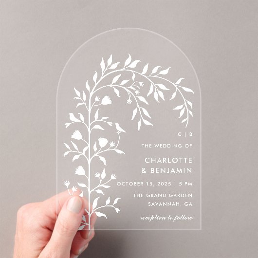 Witte Botanische Vogelboog bruiloft Acryl Uitnodigingen (Insitu (Draagbaar))