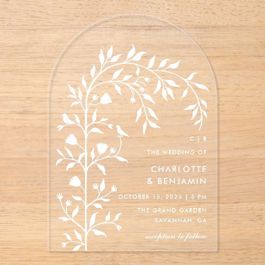 Witte Botanische Vogelboog bruiloft Acryl Uitnodigingen (Voorkant)