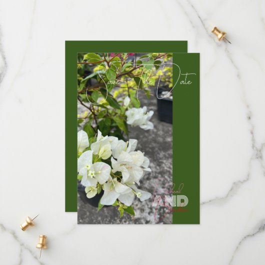 witte bougainvillea of paperflower wit als sneeuw save the date (Voorkant / Achterkant in situ)