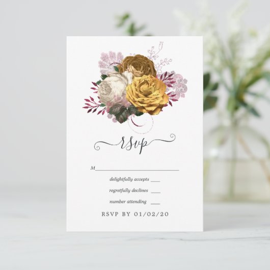 Witte, Bourgogne en Gouden Bloemen Bruiloft RSVP Kaartje (Staand voorkant)