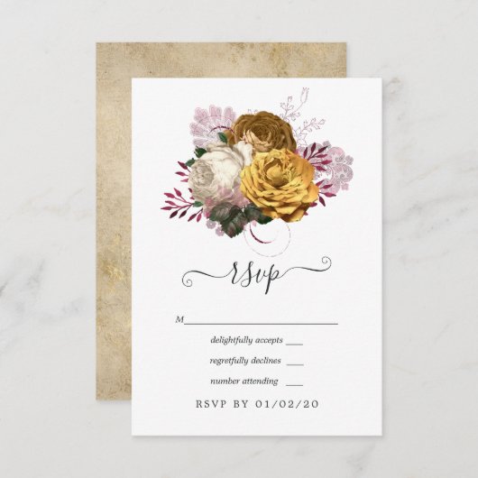 Witte, Bourgogne en Gouden Bloemen Bruiloft RSVP Kaartje (Voorkant / Achterkant)