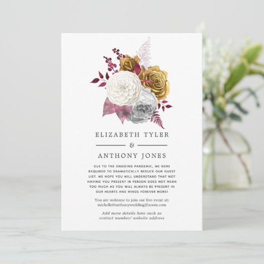 Witte, Bourgondische en gouden bloemen bruiloft ga Aankondiging (Staand voorkant)