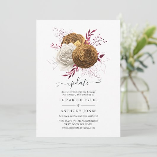 Witte, Bourgondische en gouden bloemenbruiloft upd Kaart (Staand voorkant)