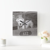 Witte boxer Dog achter de deur, zwart en wit Vierkante Klok (Huis)
