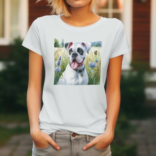 Witte Boxer Hond & Bloemen T-shirt