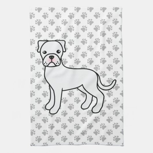 Witte Boxer Schattige Cartoonhond & Pootafdrukken Theedoek (Verticaal)