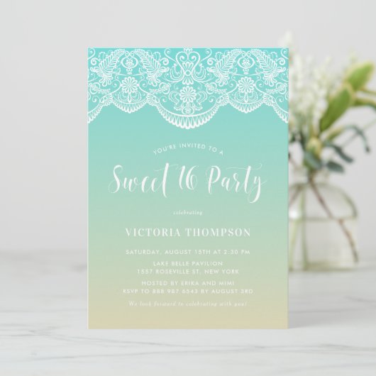 Witte Brocade Kant Blauw Ombre Sweet 16 Party Kaart (Staand voorkant)