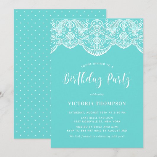 Witte Brocade Kant Blauw Verjaardagsfeestje Kaart (Voorkant / Achterkant)