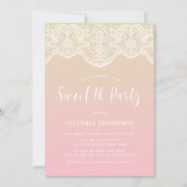 Witte Brocade Kant Roze Ombre Sweet 16 Party Kaart (Voorkant)