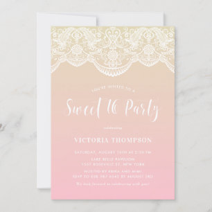 Witte Brocade Kant Roze Ombre Sweet 16 Party Kaart