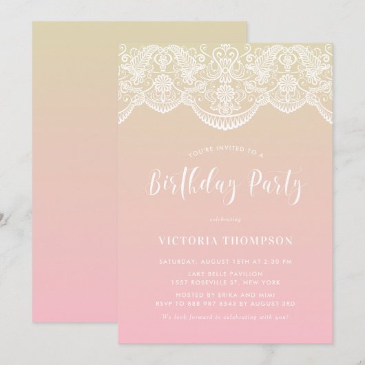 Witte Brocade Kant Roze Ombre Verjaardagsfeestje Kaart (Voorkant / Achterkant)