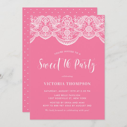 Witte Brocade Kant Roze Zoet 16 Partij Kaart (Voorkant / Achterkant)
