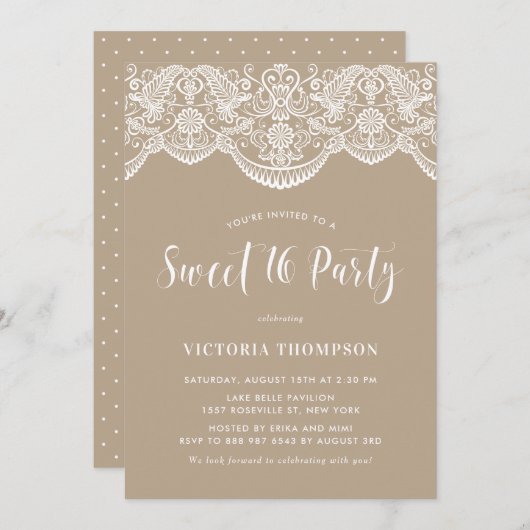 Witte Brocade Kant Taupe Sweet 16 Party Kaart (Voorkant / Achterkant)