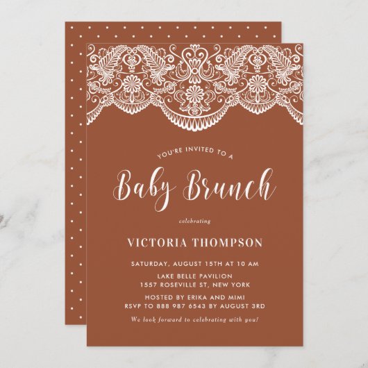 Witte Brocade Kant Terracotta Baby Brunch Kaart (Voorkant / Achterkant)