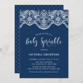 Witte Brocade Lace Navy Blue Baby Sprinkle Kaart (Voorkant / Achterkant)