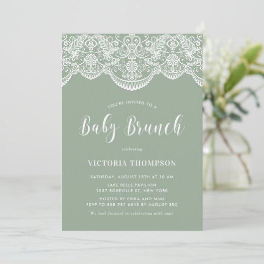Witte Brocade Lace Sage Groene Baby Brunch Kaart (Staand voorkant)