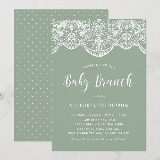 Witte Brocade Lace Sage Groene Baby Brunch Kaart (Voorkant / Achterkant)