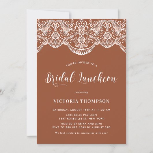 Witte Brocade Lace Terracotta Bridal Luncheon Kaart (Voorkant)