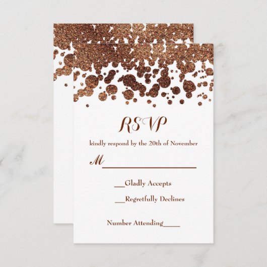 Witte & Bronzen Confetti Stippen Glamour Shimmer R RSVP Kaartje (Voorkant / Achterkant)