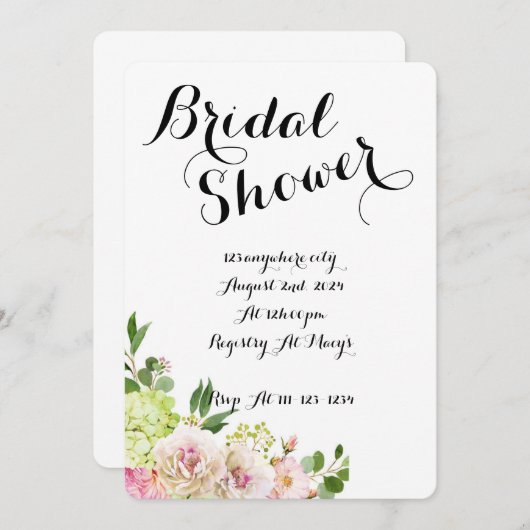Witte bruids douche uitnodiging met bloemenontwerp (Voorkant / Achterkant)