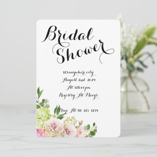 Witte bruids douche uitnodiging met bloemenontwerp (Staand voorkant)