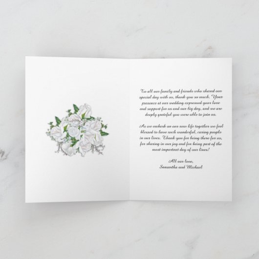 Witte bruids roos boeket, gouden bruiloft dank u kaart (Binnen)