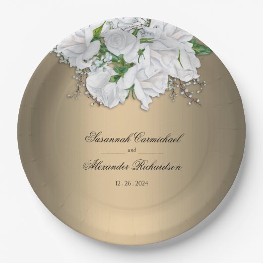 Witte bruids Rozen en Golden Elegance bruiloft Papieren Bordje (Voorkant)