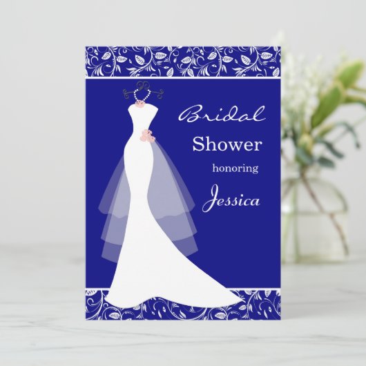 Witte bruidsjurk op koninklijk blauw Vrijgezellenf Kaart (Staand voorkant)