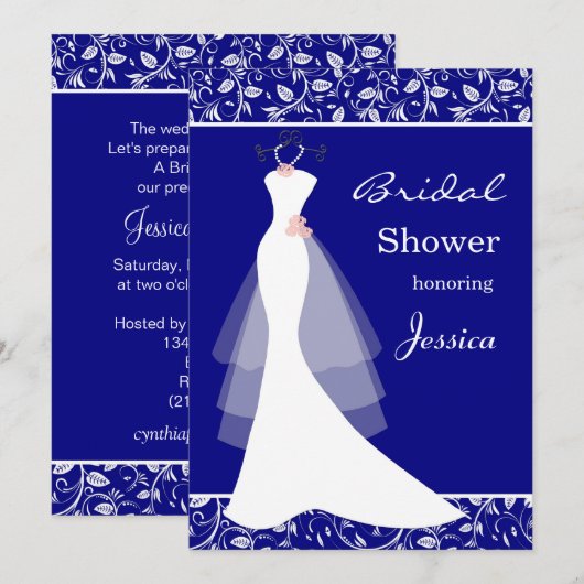 Witte bruidsjurk op koninklijk blauw Vrijgezellenf Kaart (Voorkant / Achterkant)