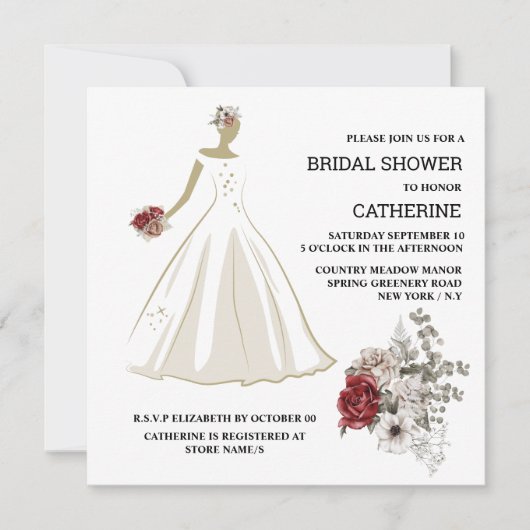 Witte bruidsjurk rode roodroze bloemkool kaart (Voorkant)