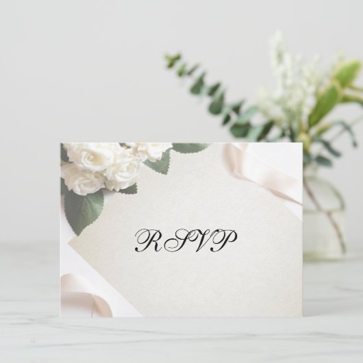 Witte Bruiloft Bloem RSVP Kaarten (Staand voorkant)