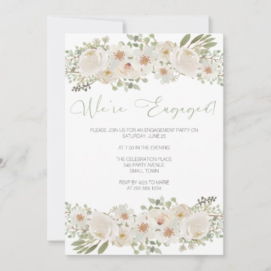 Witte Bruiloft Bloemen Verlovingsfeest Uitnodiging (Voorkant)