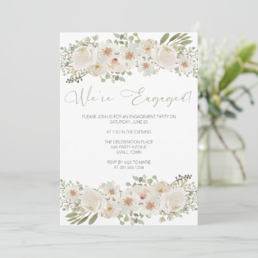 Witte Bruiloft Bloemen Verlovingsfeest Uitnodiging (Staand voorkant)